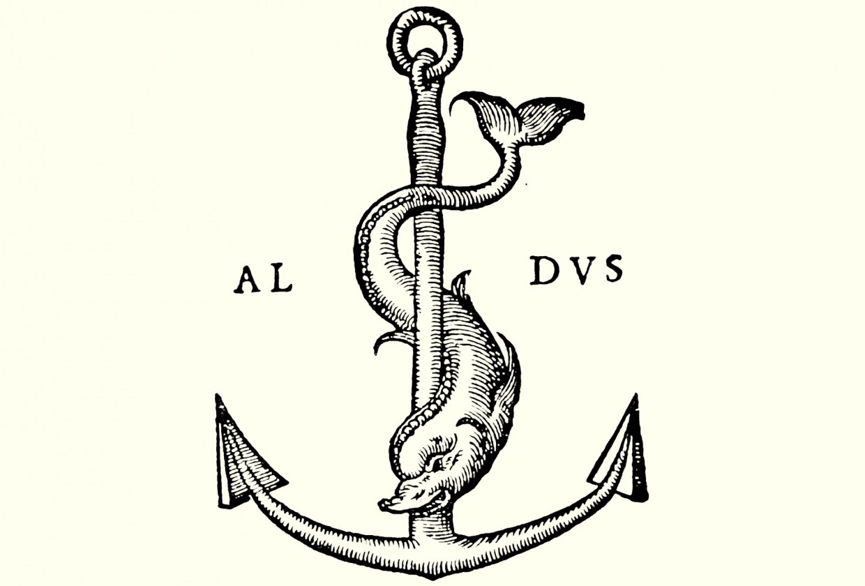 Festina Lente: delfino attorcigliato attorno a un'ancora, il marchio di fabbrica di Aldo Manuzio