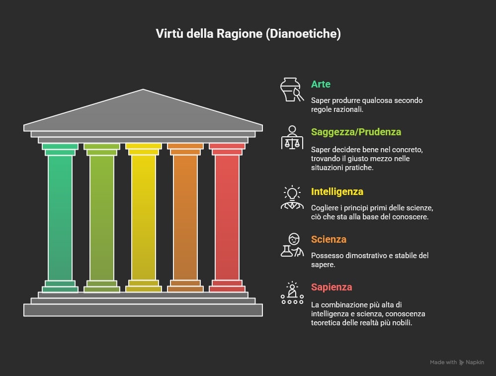 Schema delle virtù dianoetiche (della ragione) di Aristotele
