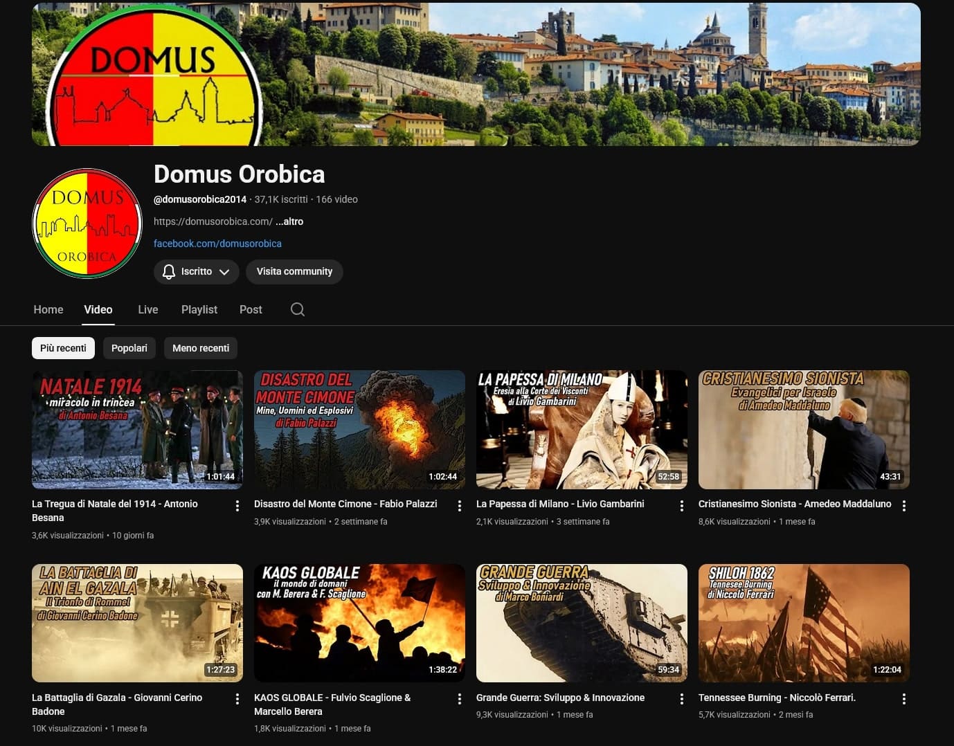 Schermata del canale YouTube "Domus Orobica"