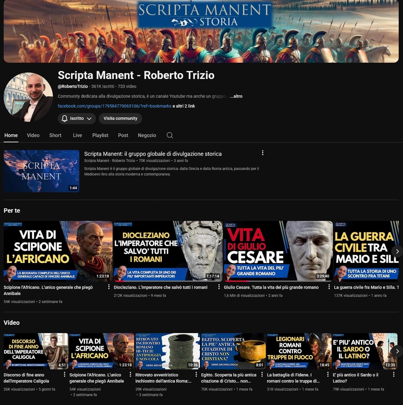 Schermata del canale YouTube "Scripta Manent"