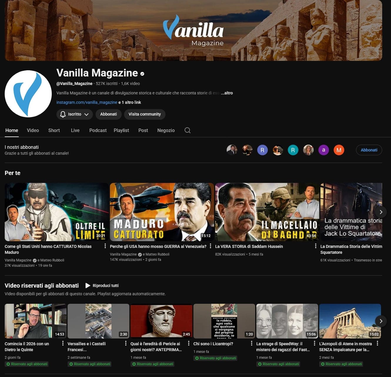 Schermata del canale YouTube "Vanilla Magazine"