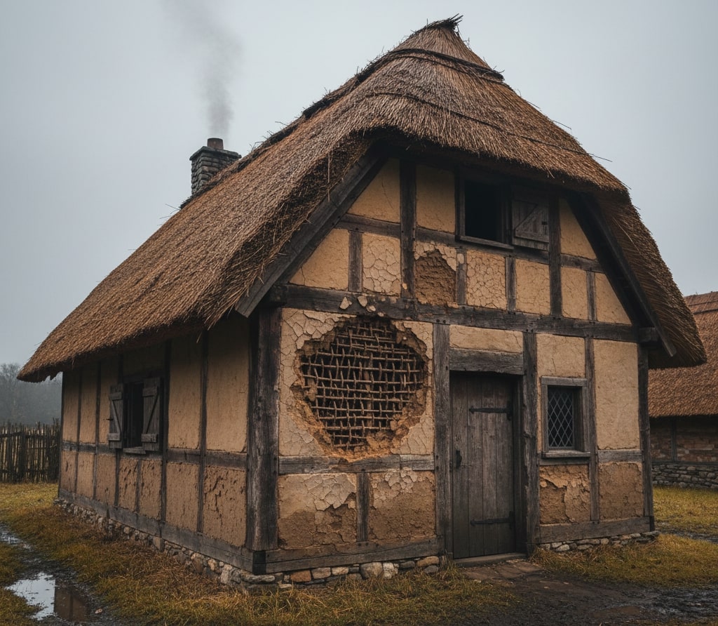 Ricostruzione di una Casa Medievale con muro in costruzione con tecnica wattle and daub a graticcio e argilla.