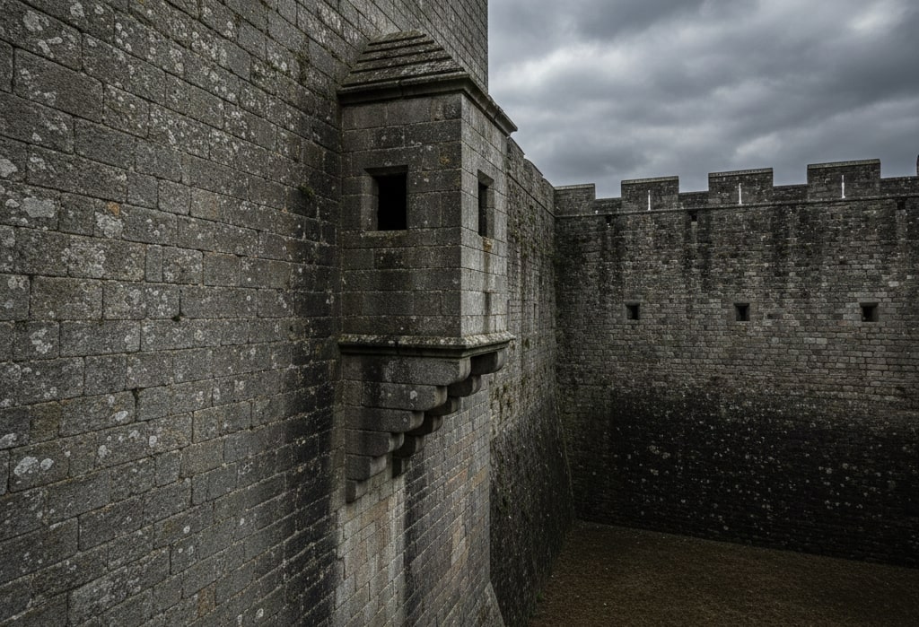Fotografia di un'alta parete di un castello medievale, costruita con blocchi di pietra grigia. A metà del muro si nota una piccola struttura a scatola, la 