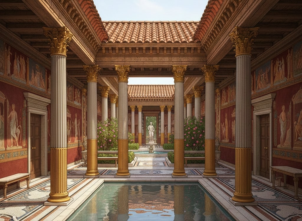 Interno di una Domus Romana con atrio, impluvium centrale e colonne corinzie. Pareti affrescate in rosso e luce solare dall'alto.