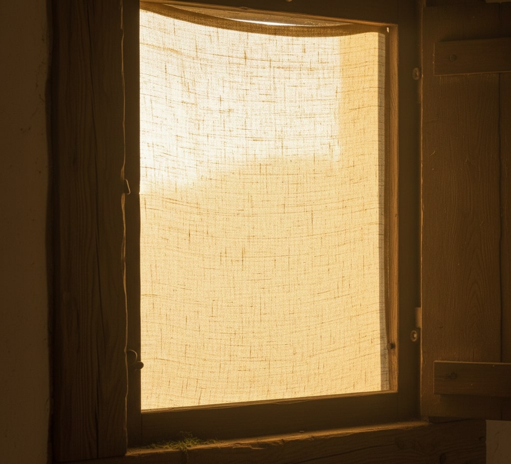 Fotografia ravvicinata di una finestra medievale in legno grezzo. Al posto del vetro, una tela di lino oliato di colore giallo-bianco è tesa attraverso l'apertura, permettendo alla luce solare esterna di filtrare e creare un bagliore morbido e diffuso all'interno. La trama del tessuto è chiaramente visibile.