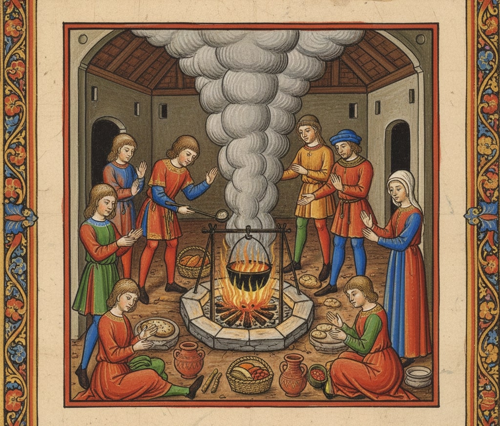 Illustrazione medievale a colori vividi che mostra l'interno di una casa con un focolare centrale sul pavimento. Diverse figure in tuniche rosse, blu e verdi stanno attorno al fuoco per scaldarsi e preparare il cibo, con un calderone sospeso e fumo denso che sale verso l'alto. L'illustrazione è incorniciata da una ricca decorazione floreale.