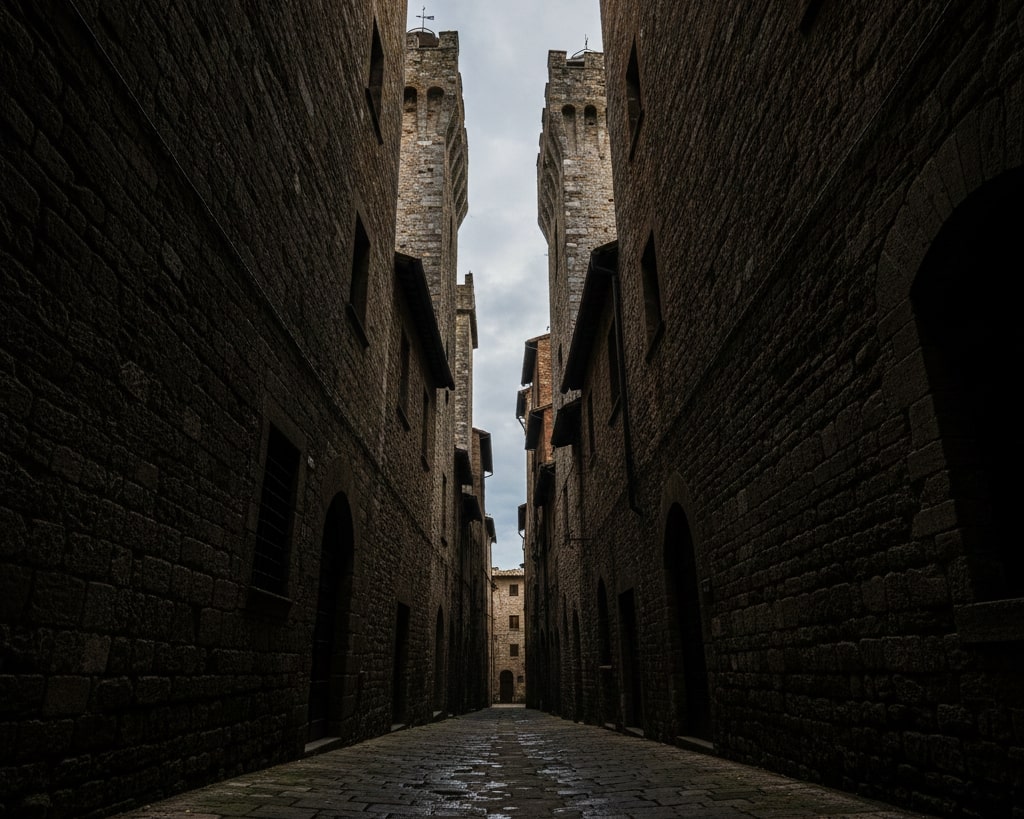 Fotografia a bassissimo angolo di una stretta via medievale fiancheggiata da due altissime case-torri in pietra grezza. Il vicolo, bagnato e in ombra, conduce lo sguardo verso una minuscola sezione di cielo grigio tra le strutture imponenti, creando una forte sensazione di claustrofobia e vertigine.
