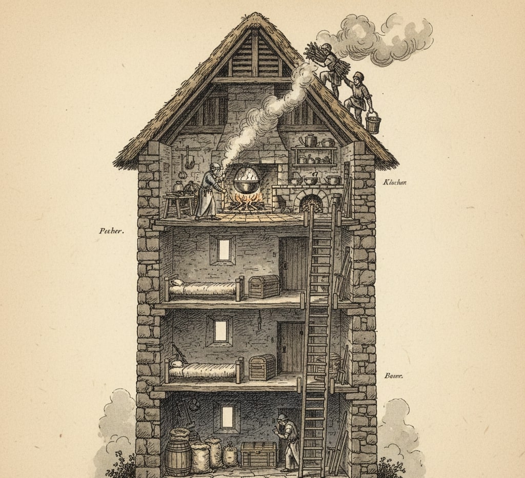 Diagramma a sezione trasversale di una torre abitativa medievale a quattro piani, realizzata in pietra e con tetto di paglia. Il piano terra è usato per immagazzinare barili e sacchi. I piani intermedi contengono letti singoli e sono collegati da ripide scale a pioli. La sommità ospita la cucina, con un calderone appeso sopra un fuoco aperto, e persone che lavorano. Il fumo fuoriesce dal tetto.