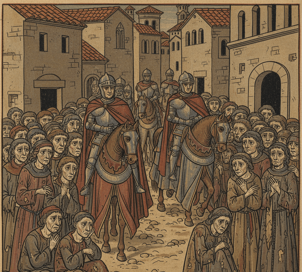 Un disegno medievale raffigurante cavalieri corazzati a cavallo che marciano attraverso una stretta strada di città italiana. Ai lati della strada, una folla di cittadini poveri e spaventati guarda con tristezza e apprensione. L'architettura cittadina è semplice, in pietra e densa. Il tono è cupo e oppressivo, evidenziando il divario tra la ricchezza dei cavalieri e la miseria del popolo.