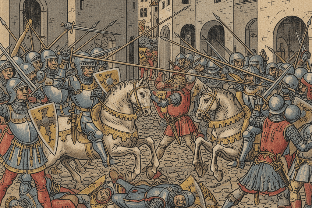 Disegno medievale in stile cronaca. Scena di battaglia urbana del 1248 tra cavalieri e fanti guelfi e ghibellini. Combattimento caotico, linee marcate, senza bandiere.