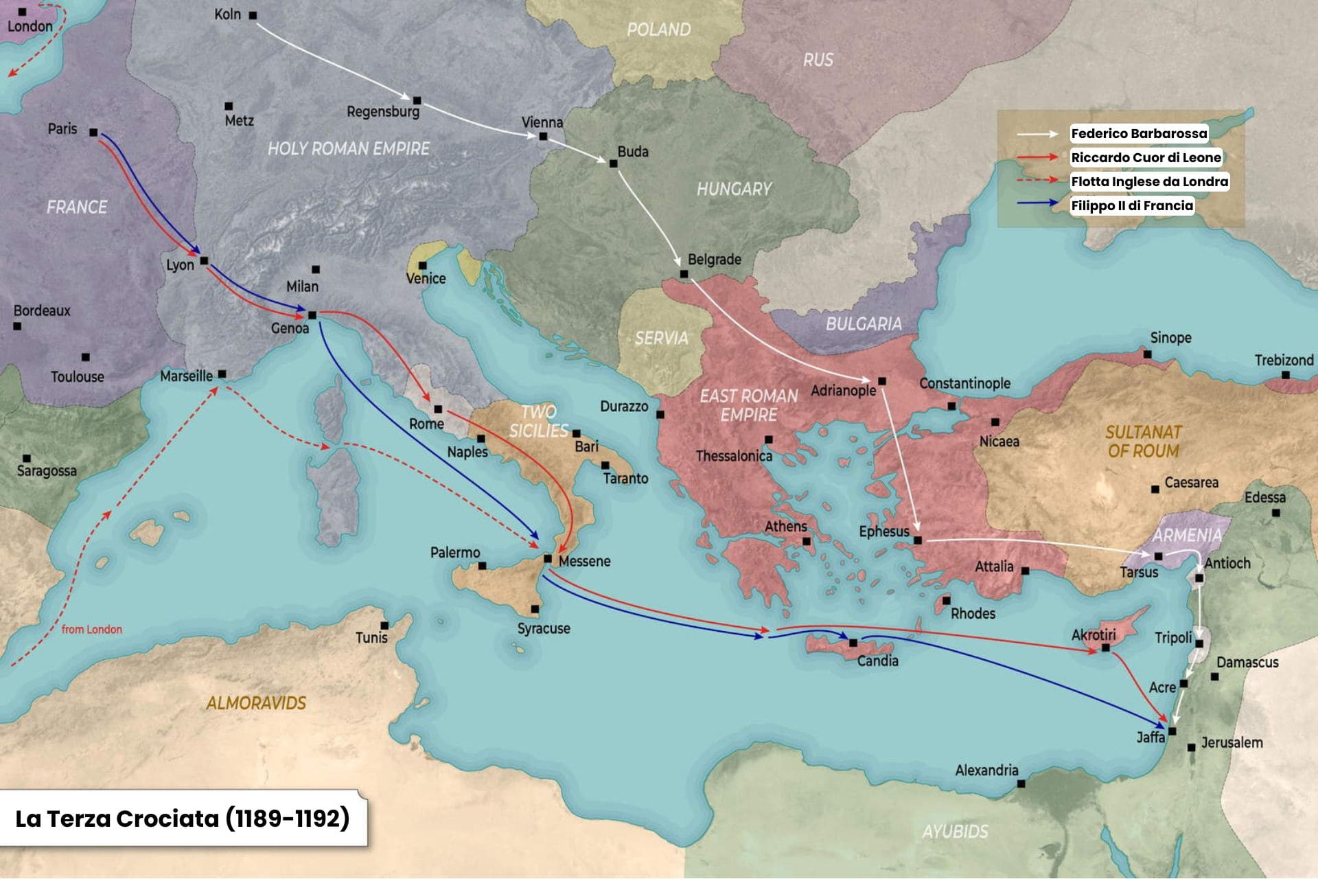 Mappa della Terza Crociata (1189-1192), realizzata da TheCollector.com, tradotta in parte da StudiaStoria.it