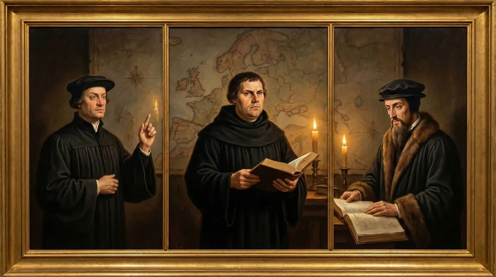 Copertina: Lutero, Calvino e Zwingli: Differenze su Eucarestia e Stato [Schema]