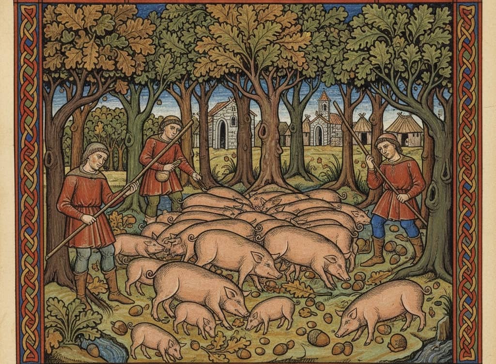 Miniatura medievale raffigurante contadini che pascolano maiali in un bosco di querce per la raccolta delle ghiande.