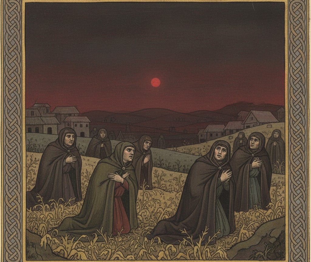  Illustrazione che mostra un villaggio medievale sotto un cielo scuro e vulcanico, simbolo del cambiamento climatico del VI secolo.