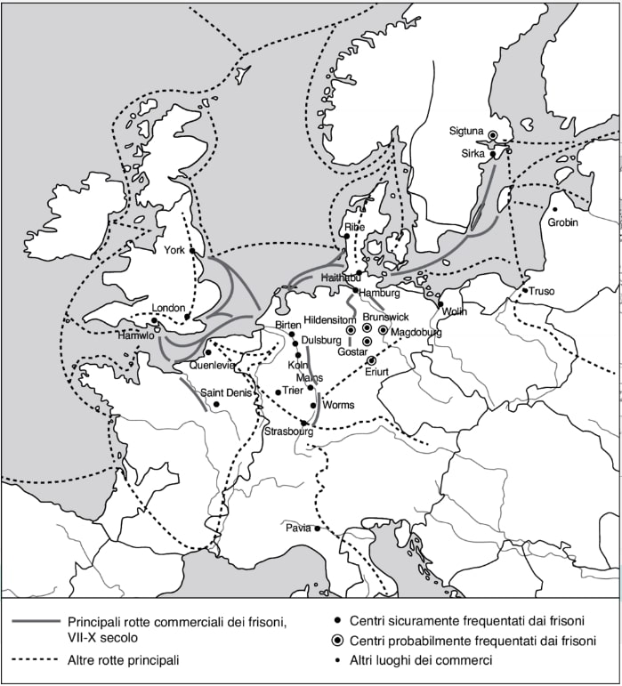 Mappa geografica dell'Europa settentrionale che evidenzia le rotte marittime dei mercanti frisoni e i principali porti commerciali.