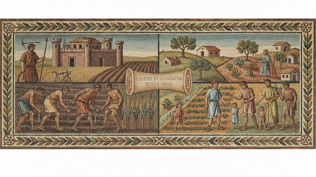 Mosaico romano con scene di agricoltura e contadini al lavoro nei campi durante il tardo impero.