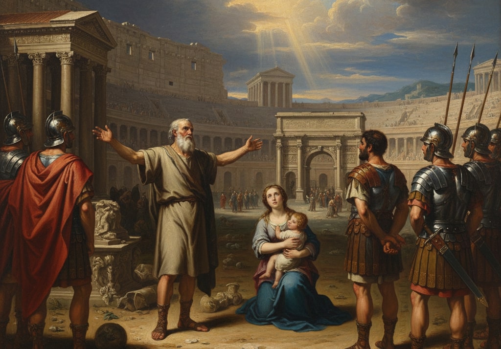 Ricostruzione pittorica ad olio di un evento di martirio ascrivibile alla Grande Persecuzione ordinata da Diocleziano intorno al 303 d.C.