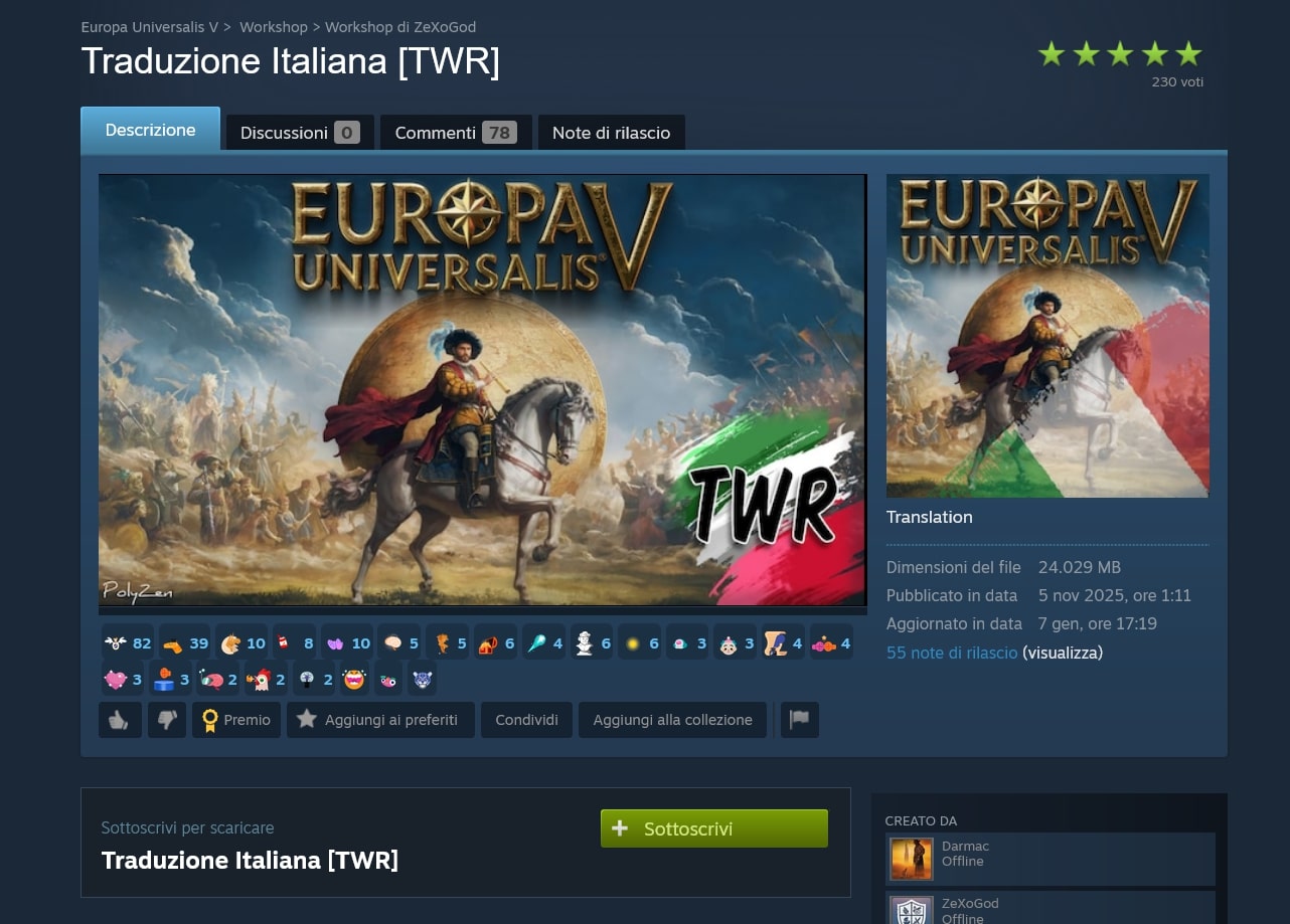 Pagina ufficiale di download della mod della traduzione italiana di Eu5