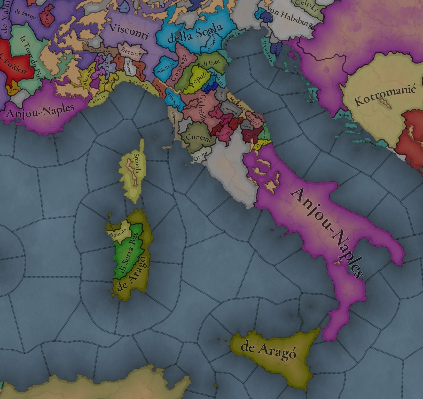 Cartina delle dinastie nell'Italia del 1337 in Europa Universalis 5