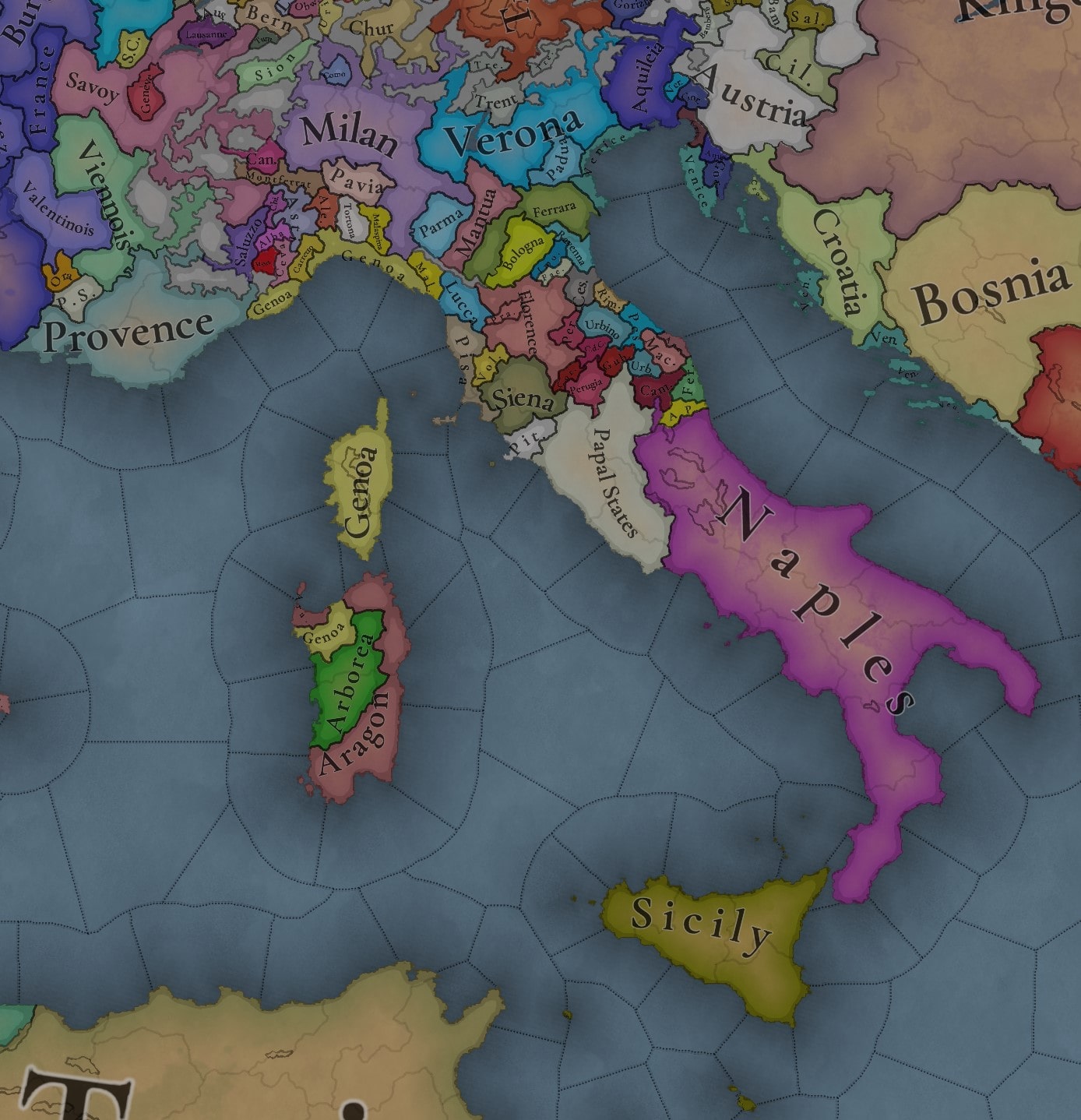 Cartina dell'Italia nel 1337 in Europa Universalis 5