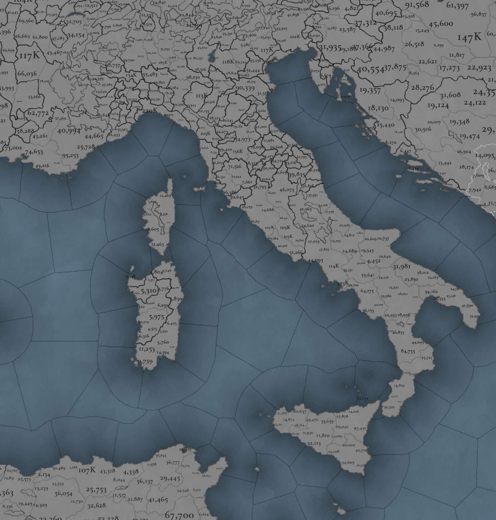 Cartina della distribuzione della Popolazione dell'Italia del 1337 in Europa Universalis 5