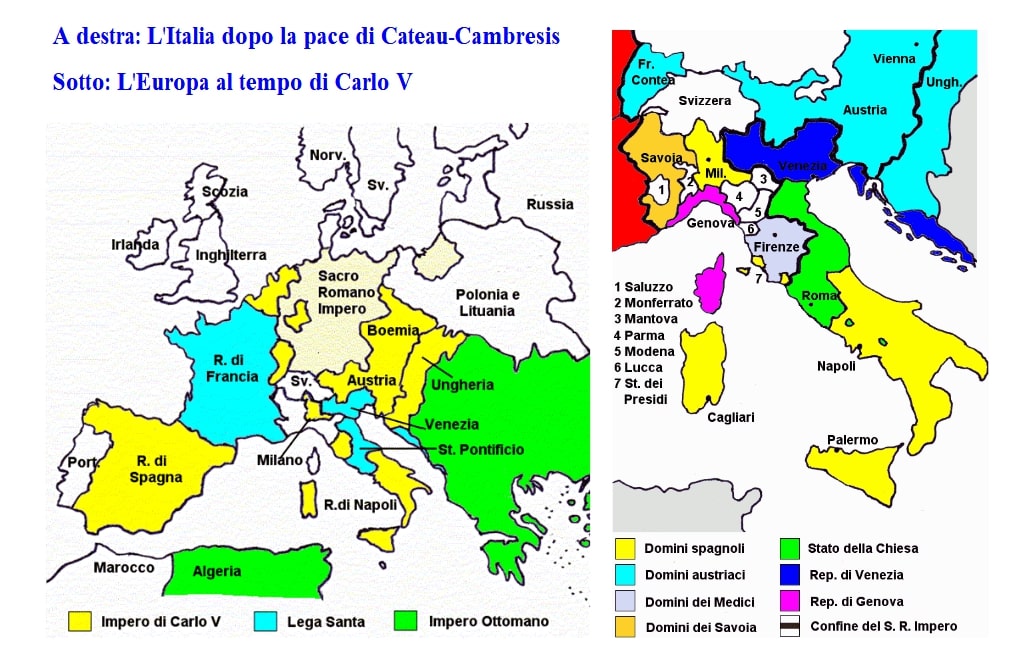 La mappa dell'Europa e dell'Italia dopo la Pace di Cateau-Cambrésis del 1559