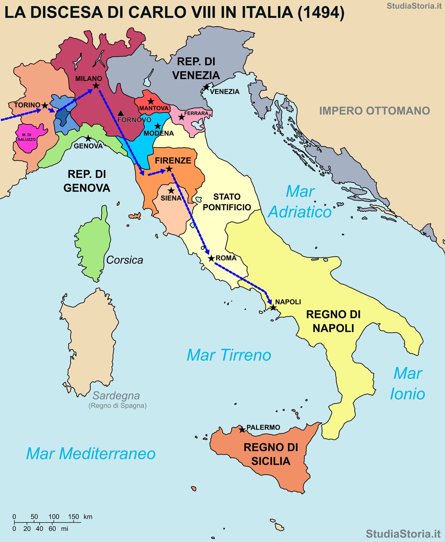 Mappa dell'itinerario della discesa di Carlo VIII in Italia e la conquista di Napoli 1494-1495.