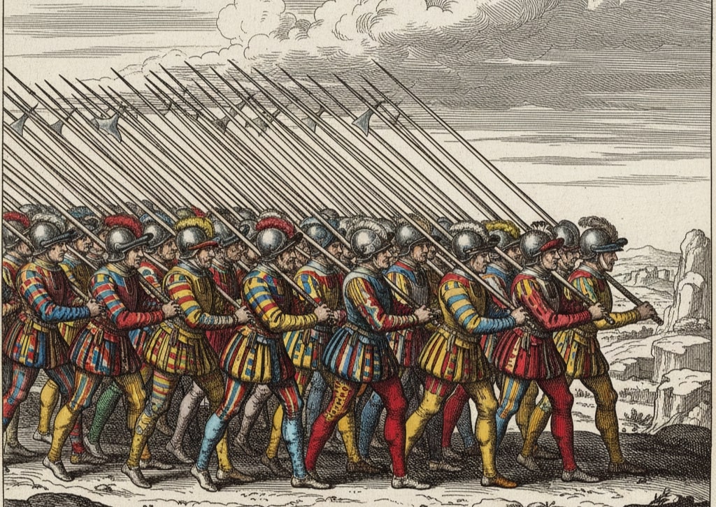 Esercito di Carlo VIII attraversa le Alpi nel 1494 con artiglieria e mercenari svizzeri.