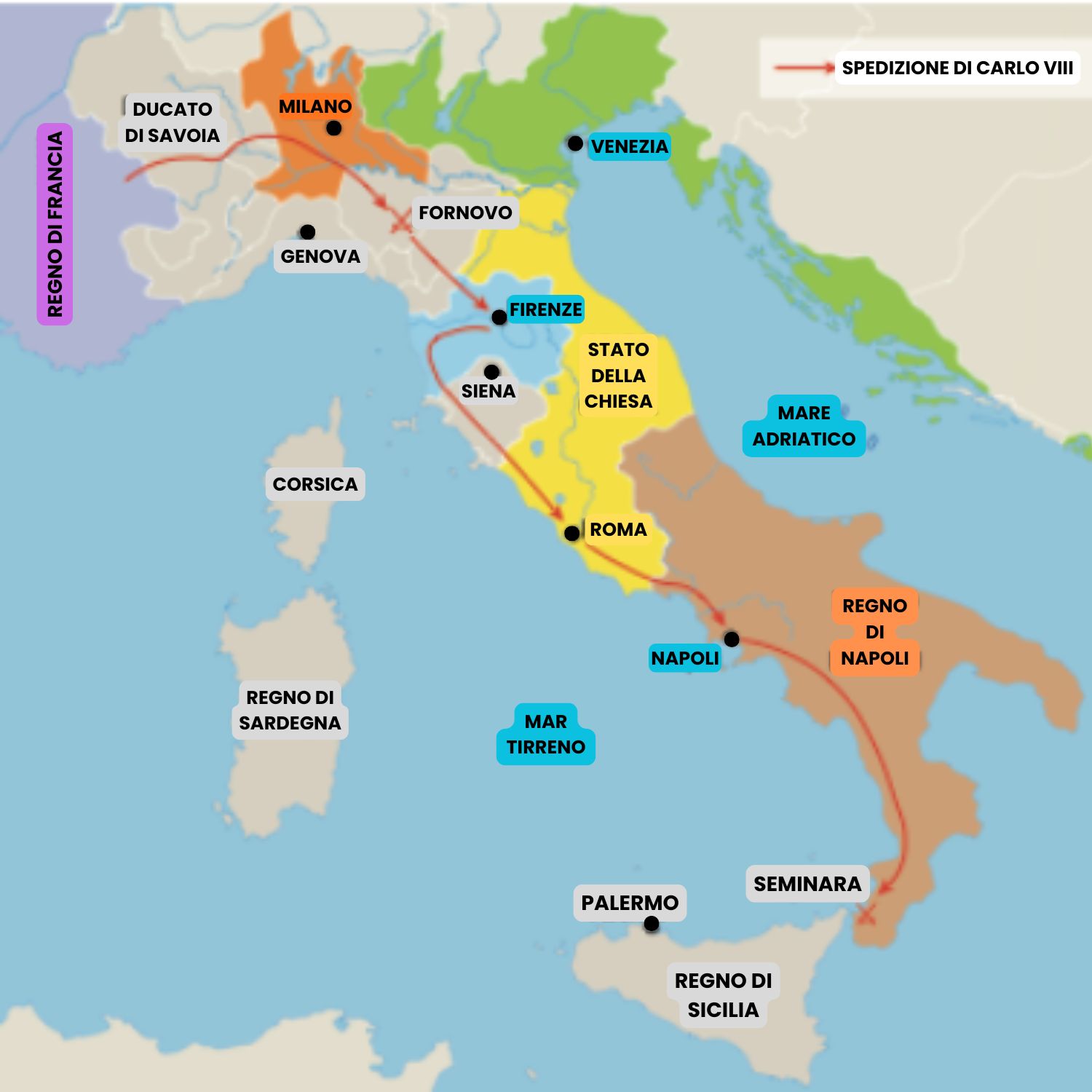 Mappa dell'itinerario della discesa di Carlo VIII in Italia e la conquista di Napoli 1494-1495.