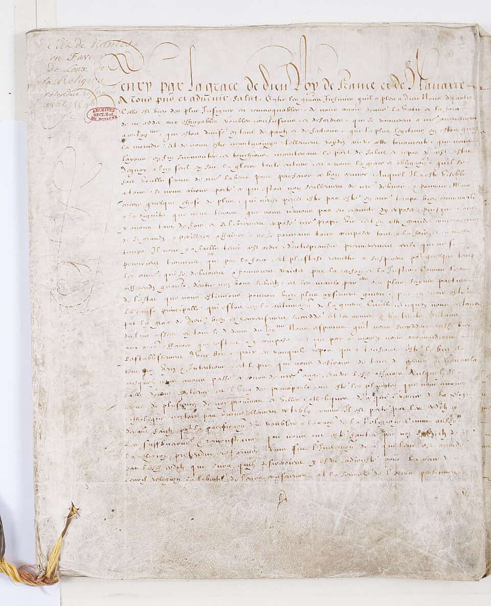 Testo dell’Editto di Nantes del 1598, simbolo della tolleranza religiosa in Francia