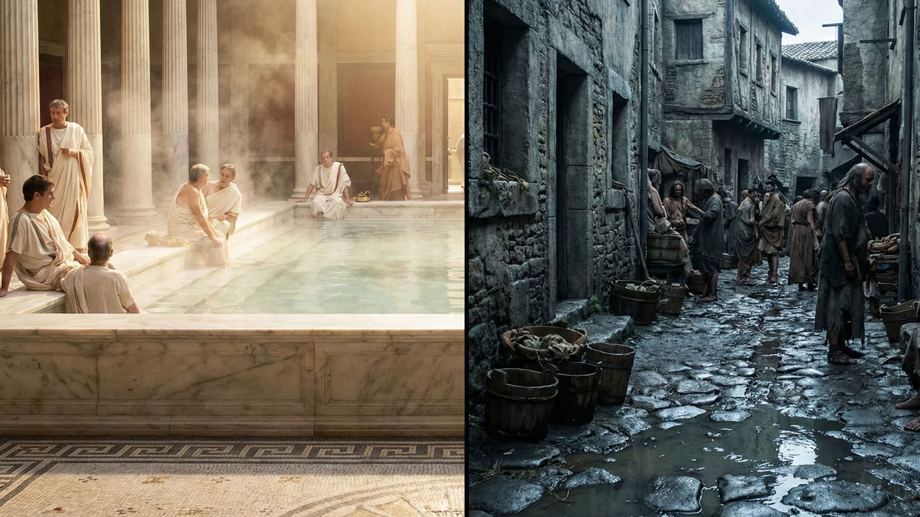 Un'immagine che cattura la doppia anima dell'Urbe: a sinistra lo splendore luminoso e igienico delle terme patrizie, a destra la realtà insalubre e affollata dei vicoli popolari della Suburra.