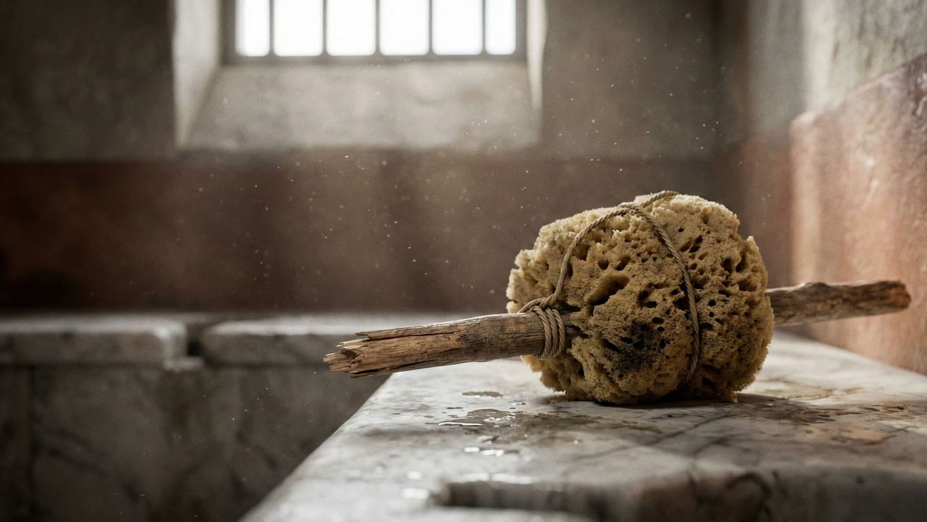 Dettaglio ravvicinato della famigerata spugna pubblica (spongia), lo strumento condiviso nelle latrine romane che, pur garantendo una pulizia apparente, rappresentava un pericoloso veicolo di infezioni.