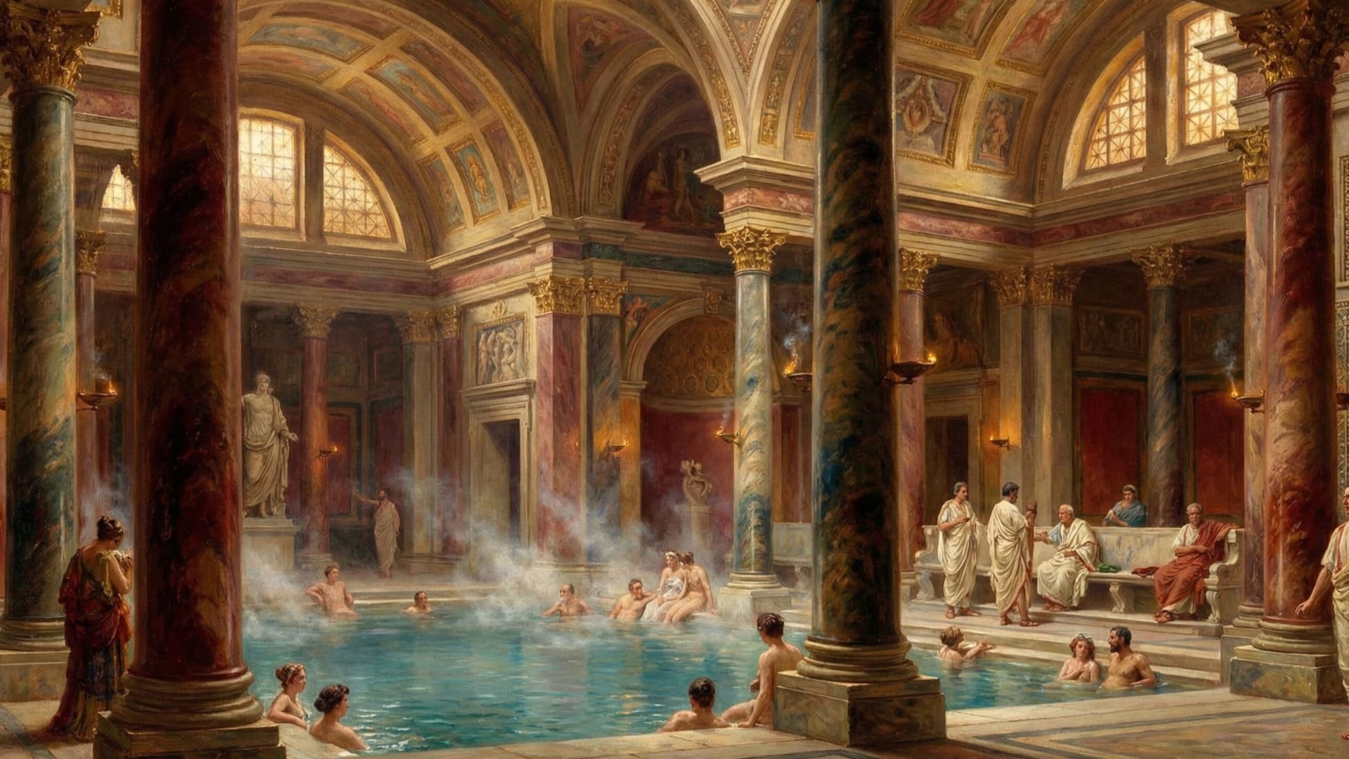 Ricostruzione artistica dell'atmosfera monumentale delle Terme di Caracalla al loro apogeo, veri e propri "palazzi del popolo" dove ingegneria idraulica e vita sociale si fondevano tra vapori e mosaici.