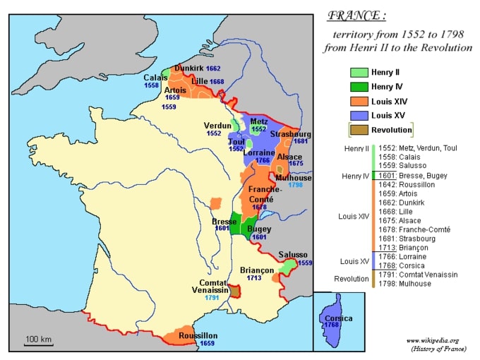 L'espansione territoriale della Francia di Luigi XIV è colorata d'arancione