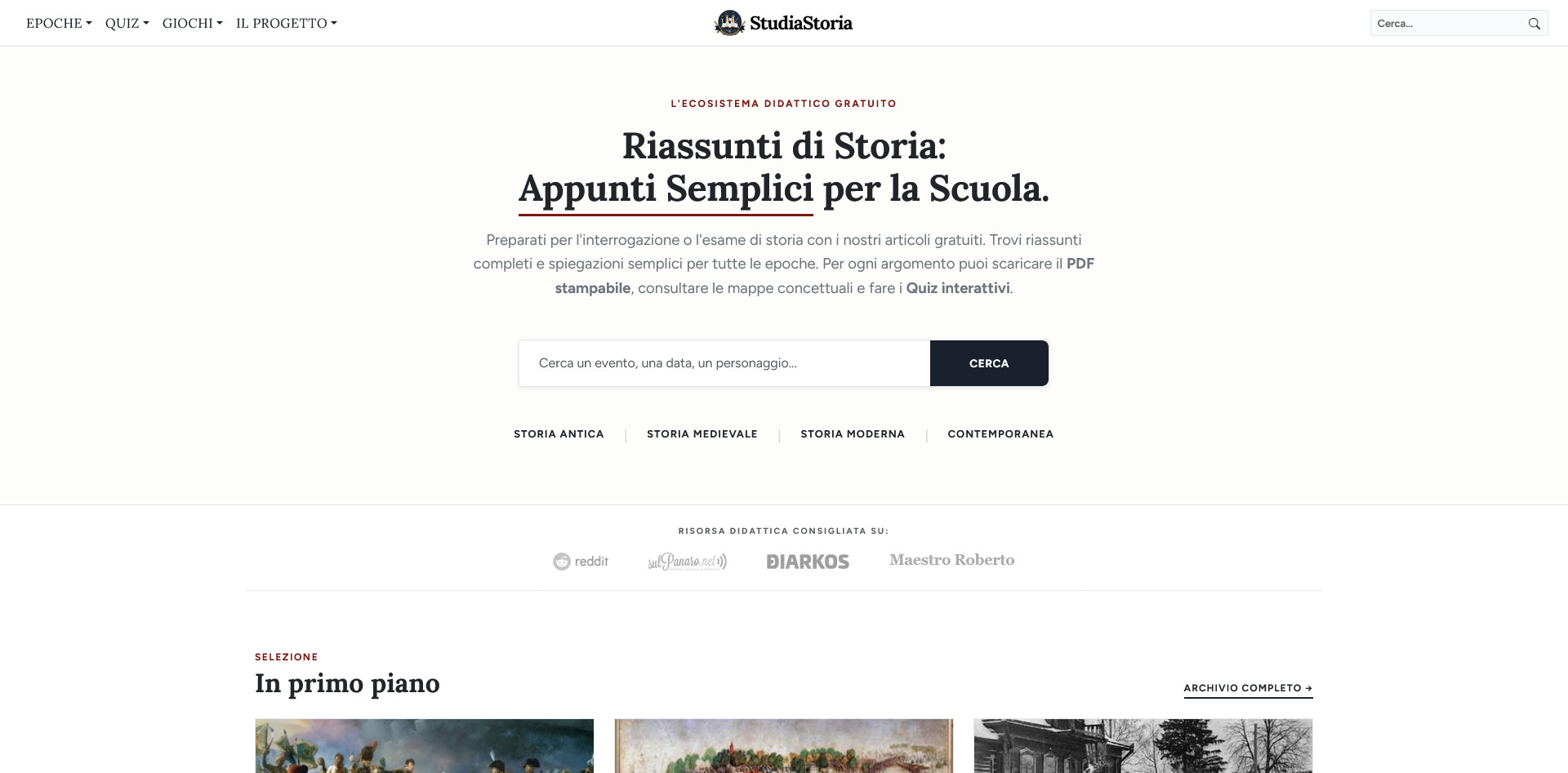 Screenshot della Homepage del blog di Storia: StudiaStoria.