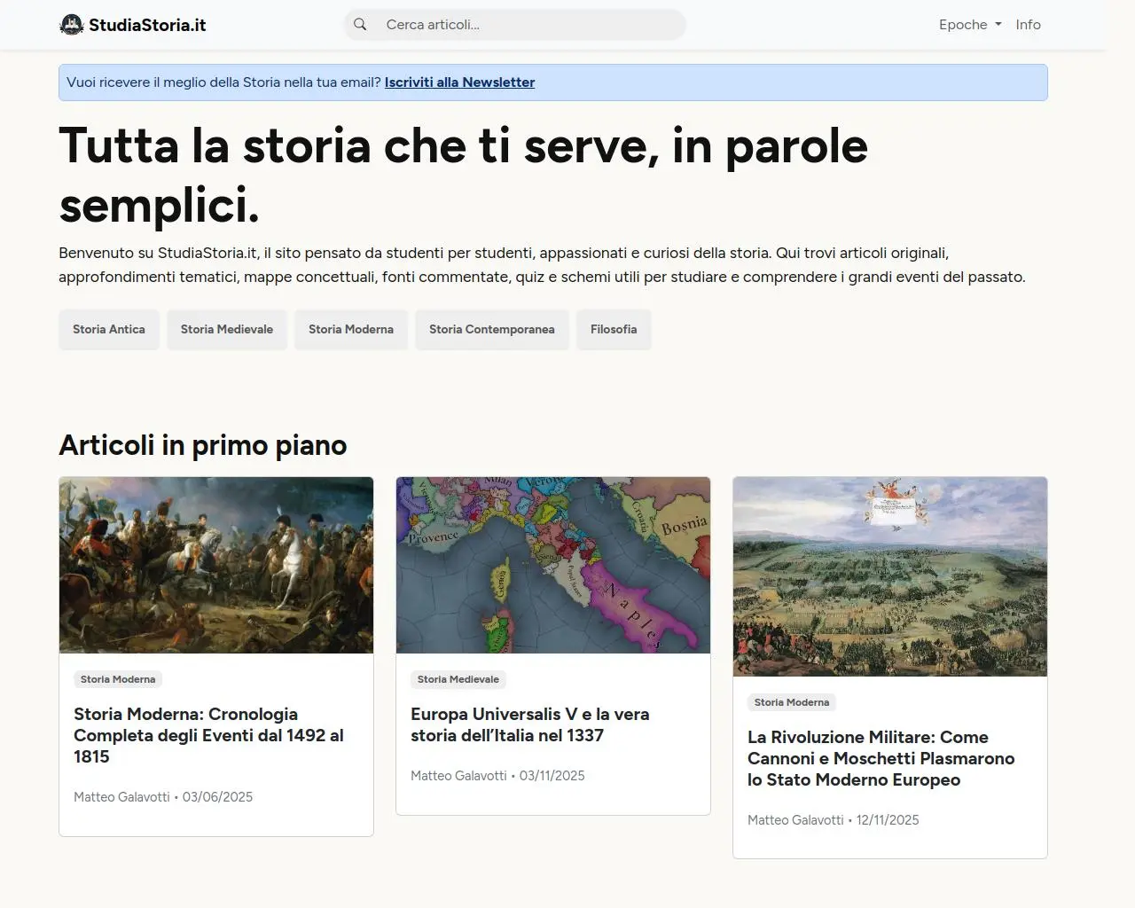 Screenshot della Homepage del blog di Storia: StudiaStoria.it