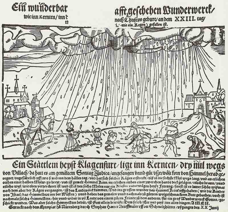 Incisione storica del 1550 da un volantino svizzero, che mostra un paesaggio della Carinzia con la città di Klagenfurt, dove si dice sia caduta la 