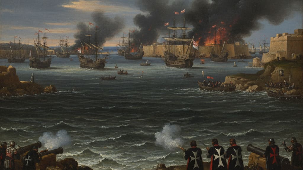 Dipinto storico raffigurante l'Assedio di Malta del 1565, che cementò la fama degli Ospitalieri come potenza navale.