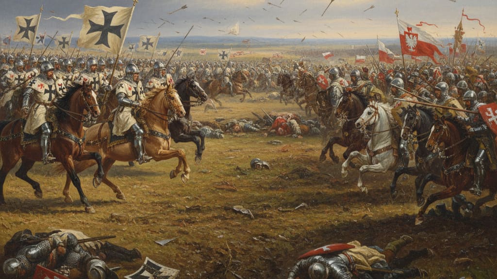 Dipinto epico della Battaglia di Tannenberg (Grunwald) del 1410, che segnò la fine dell'espansione teutonica.