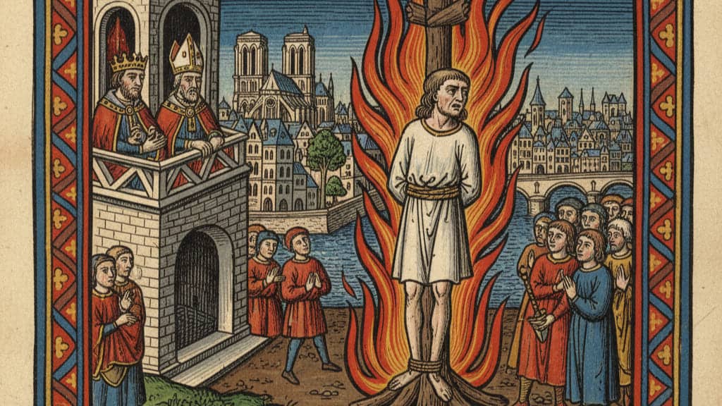 Illustrazione o disegno di Jacques de Molay, l'ultimo Gran Maestro dei Templari, bruciato sul rogo a Parigi.