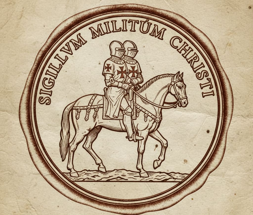 Sigillo dell'Ordine dei Templari raffigurante due cavalieri che condividono un solo cavallo, simbolo della povertà iniziale dell'Ordine.