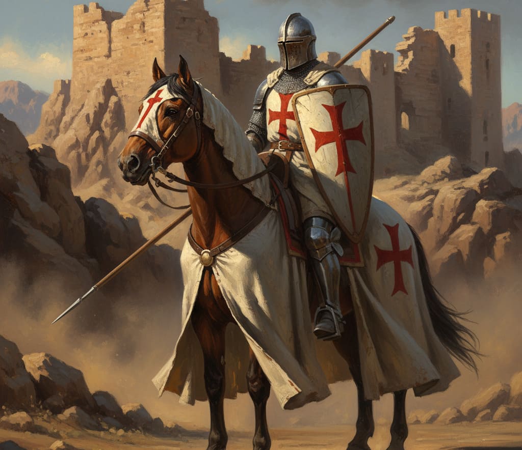 Immagine di un Cavaliere Templare in armatura con mantello bianco e croce rossa, simbolo della cavalleria d'élite.