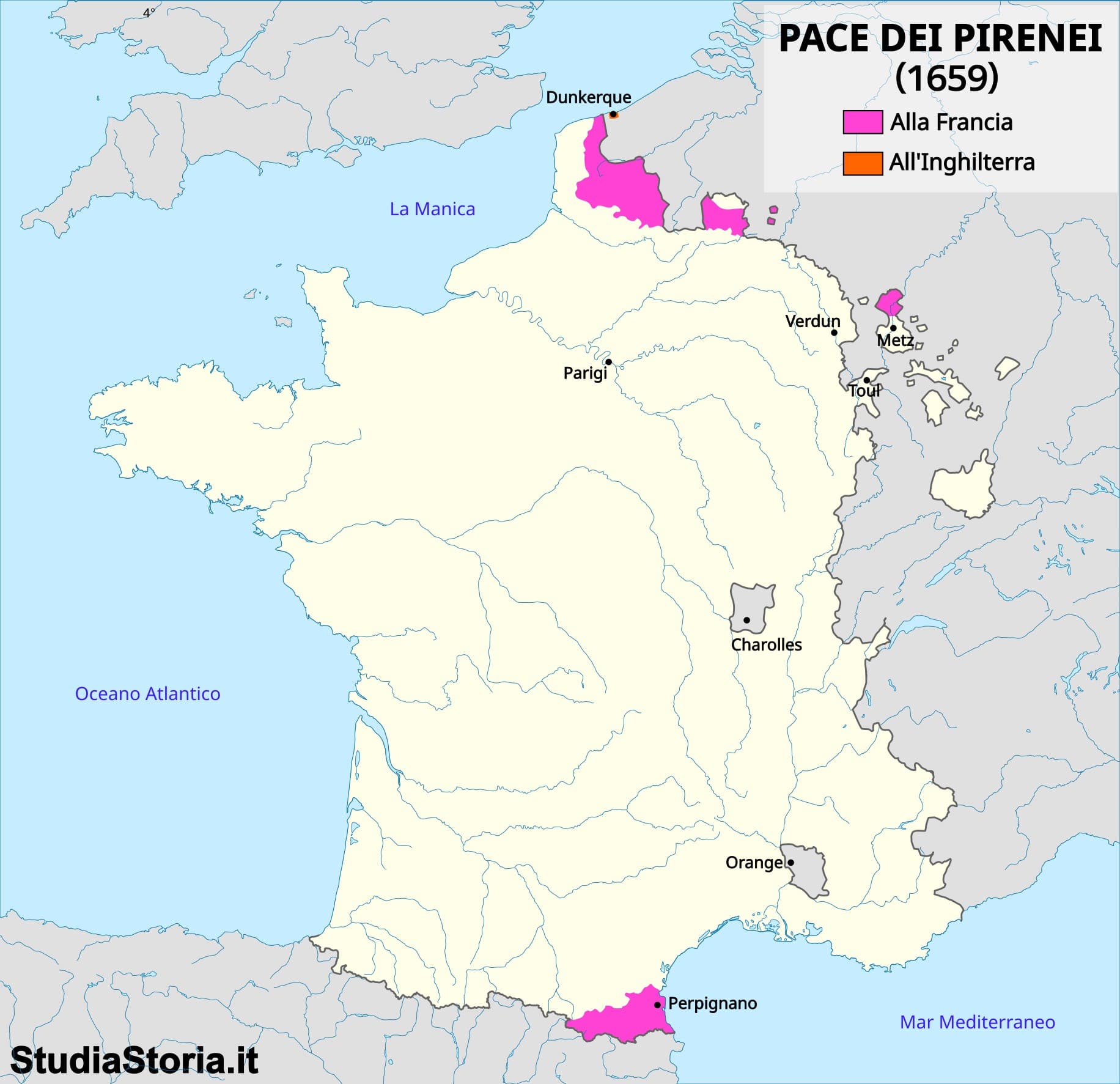 Mappa storica in italiano delle cessioni territoriali (Rossiglione, Artois) dopo la Pace dei Pirenei del 1659.