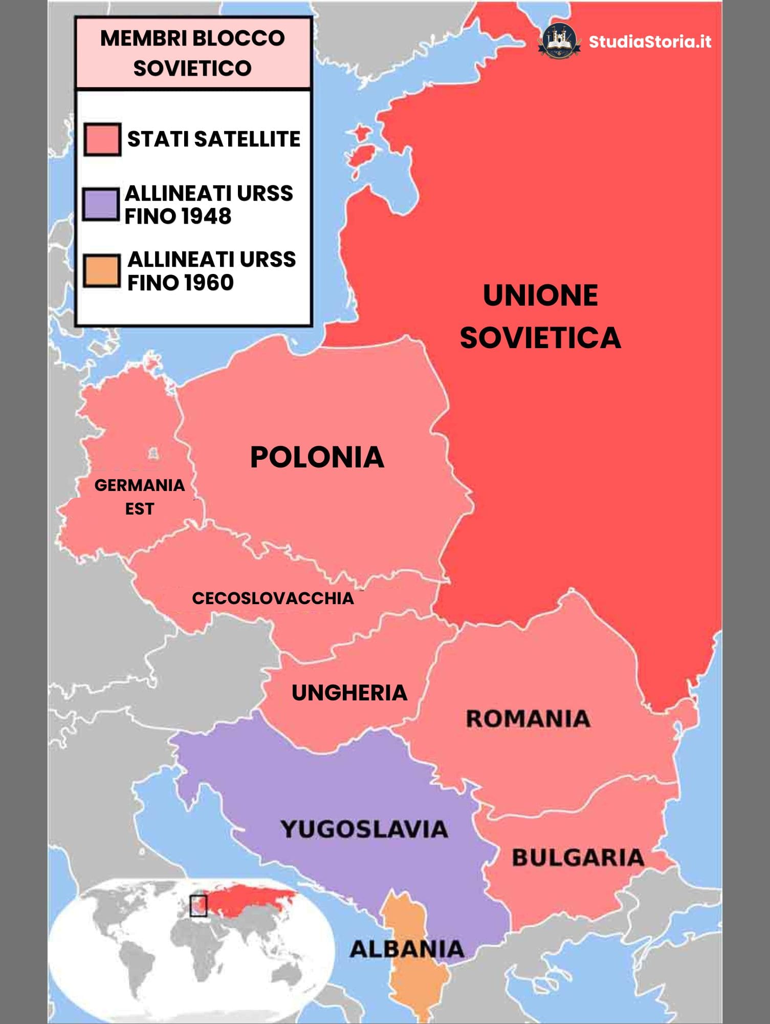 Una mappa che mostra la diffusione del comunismo verso ovest dall'Unione Sovietica dopo la Seconda Guerra Mondiale, con la conseguente formazione del Blocco Orientale.