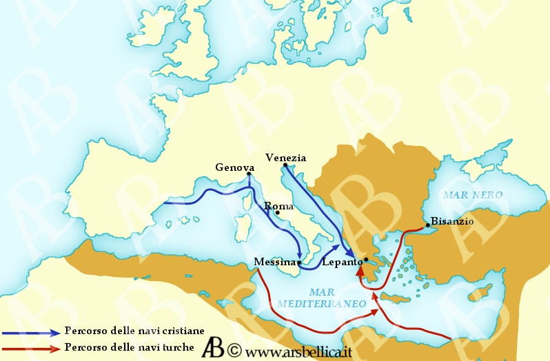 Cartina dello spostamento delle navi cristiane e turche verso la Battaglia di Lepanto. Mappa di Arsbellica.it