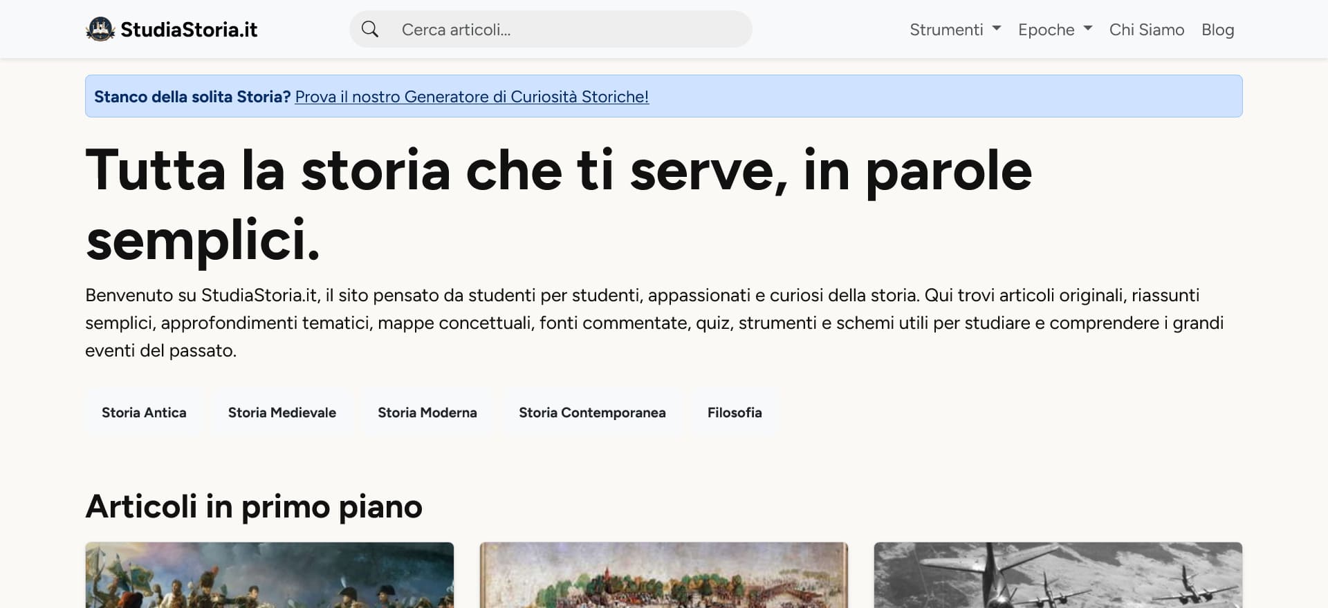 Schermata della pagina principale di StudiaStoria.it